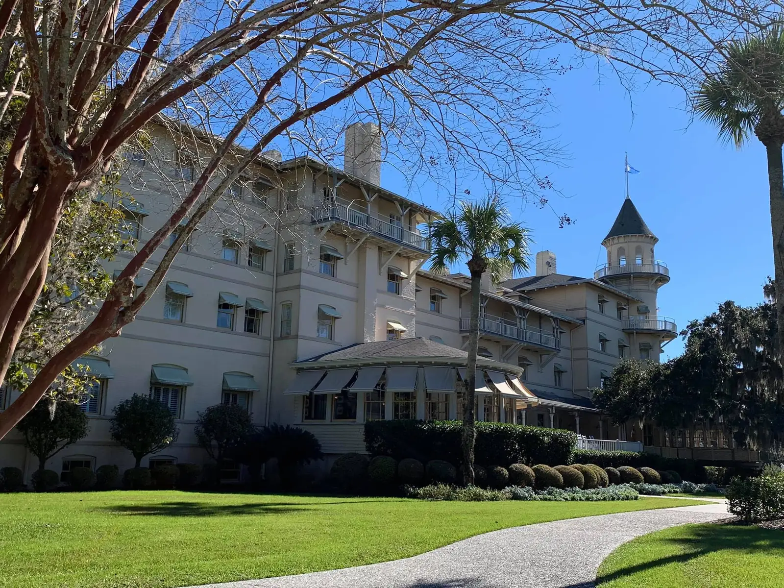 The Jekyll Island Club and its turret seen across the lawn