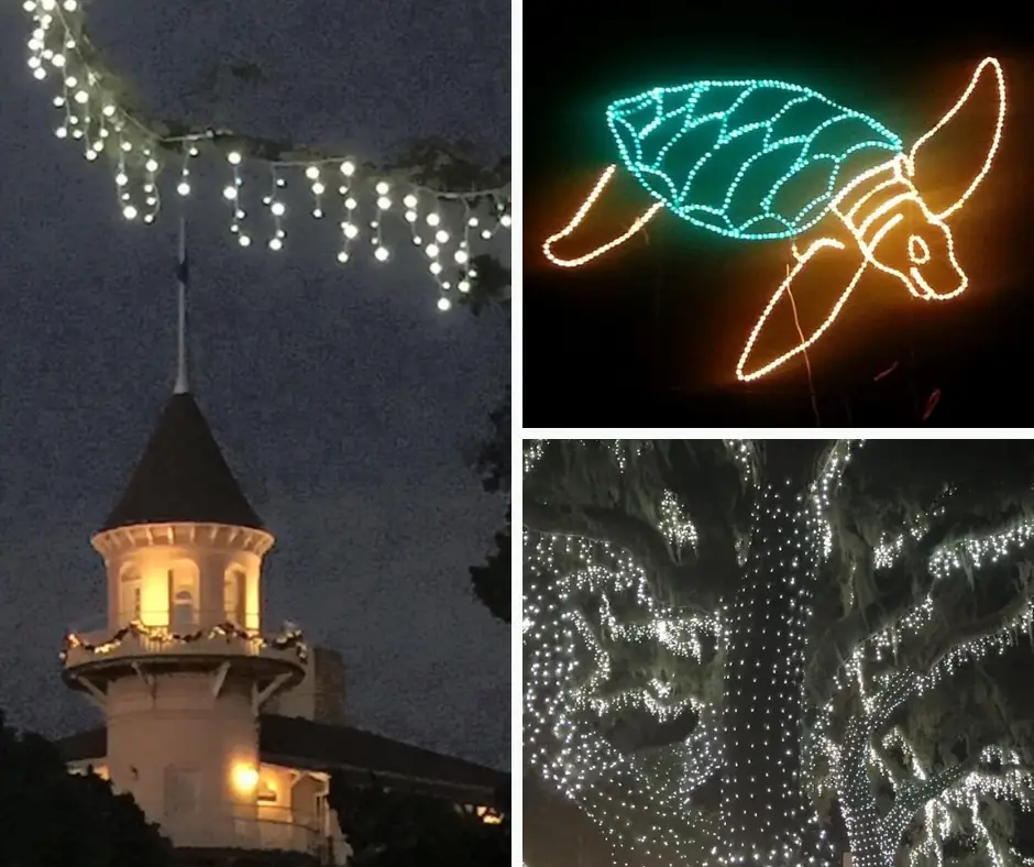 Holiday lights on Jekyll Island, including a glowing sea turtle