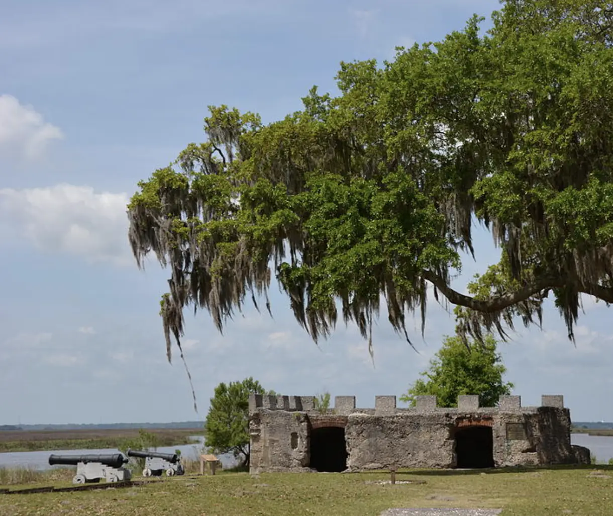 Old tabby ruins under a live oak at the edge of the marsh